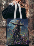 Witch And Flowers Under The Full Moon Art Print Canvas Bag