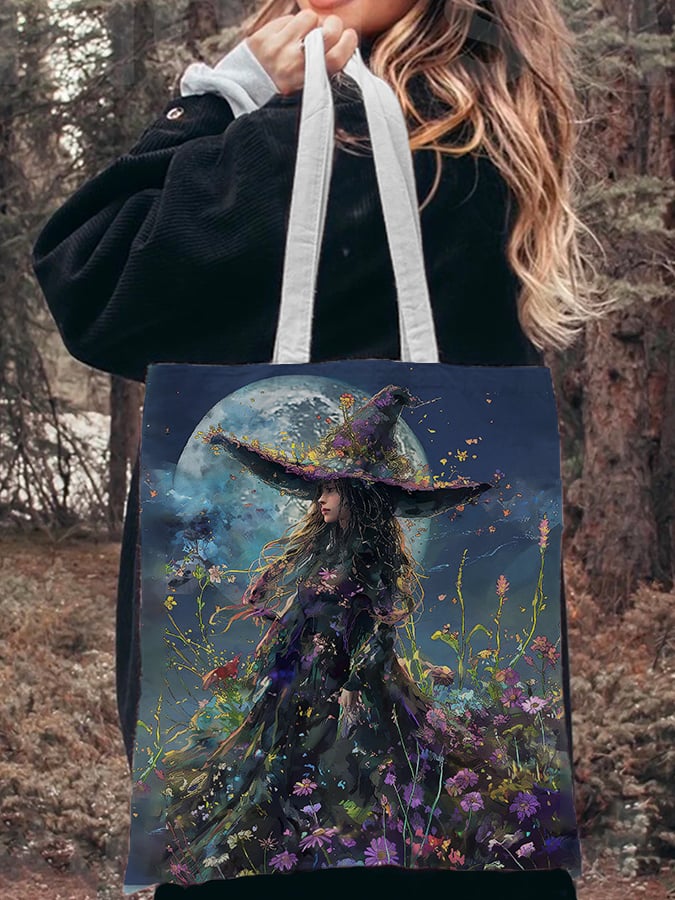 Witch And Flowers Under The Full Moon Art Print Canvas Bag