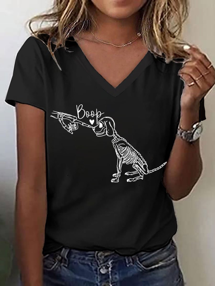 Women's Boop Bones Dog Print V-Neck T-Shirt