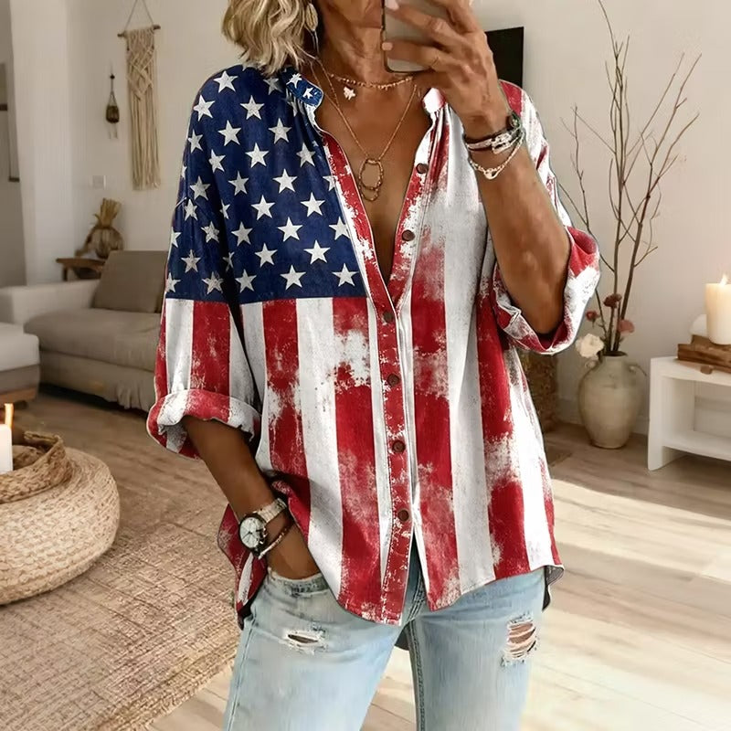 Women's Vintage Star Flag Wave Art Print Tshirt