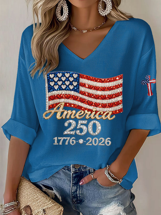 Women's American Flag Printed Casual Waffle Long Sleeve T-shirt