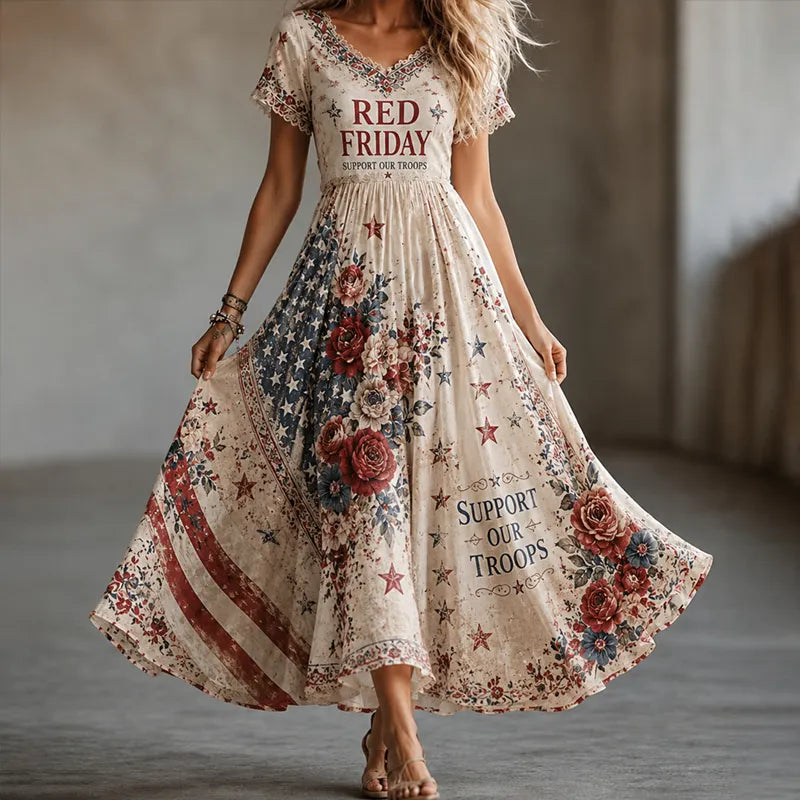 Red Friday Art Print V-neck Maxi Dress