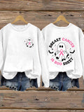 Women's Breast Cancer Awareness Halloween Breast Cancer Is Boo Sheet Pink Ribbon Print Crew Neck Sweatshirt