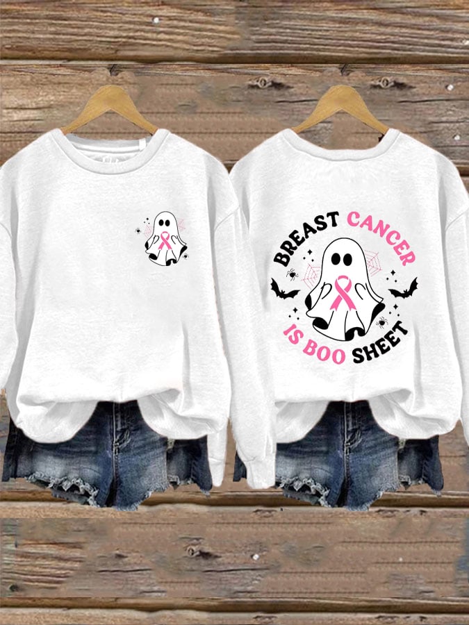Women's Breast Cancer Awareness Halloween Breast Cancer Is Boo Sheet Pink Ribbon Print Crew Neck Sweatshirt
