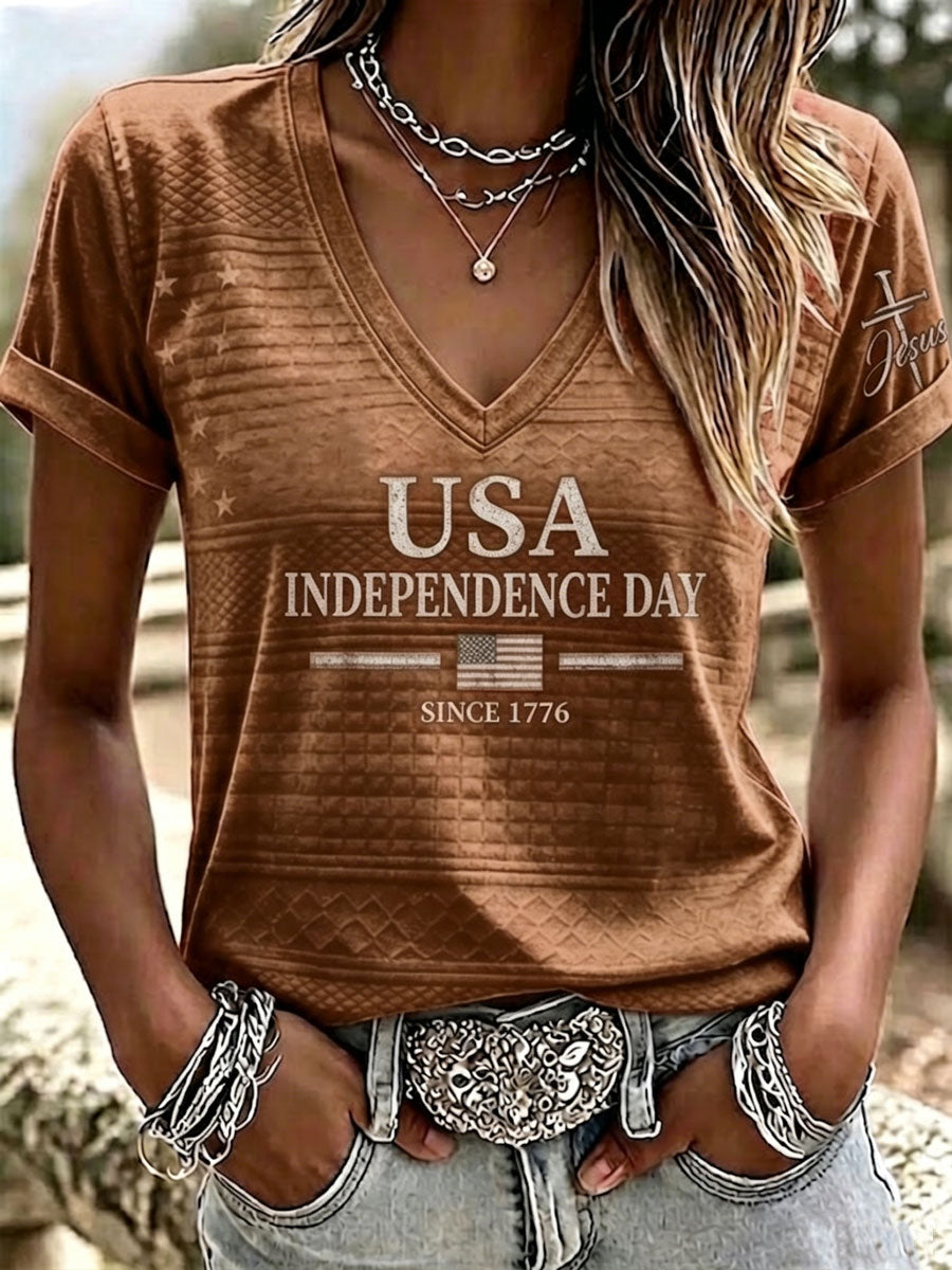 Women'S America Flag  Faith Print Casual V-Neck T-Shirt
