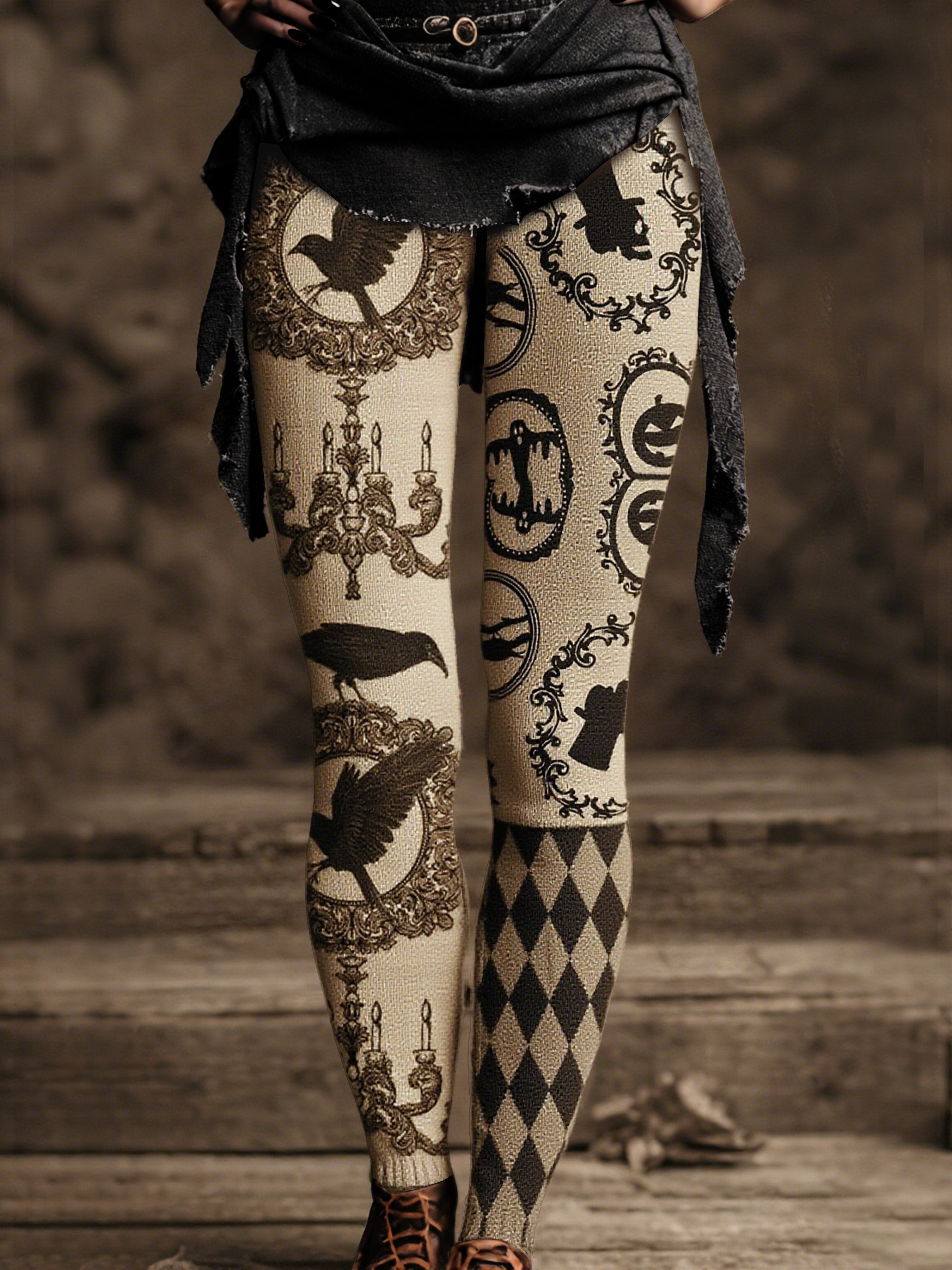 Women's Vintage Medieval Crow and Pumpkin Print Pants