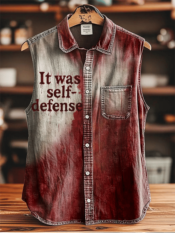 Men's Bloody It Was Self-Defense Print Vintage Casual Sleeveless Shirt