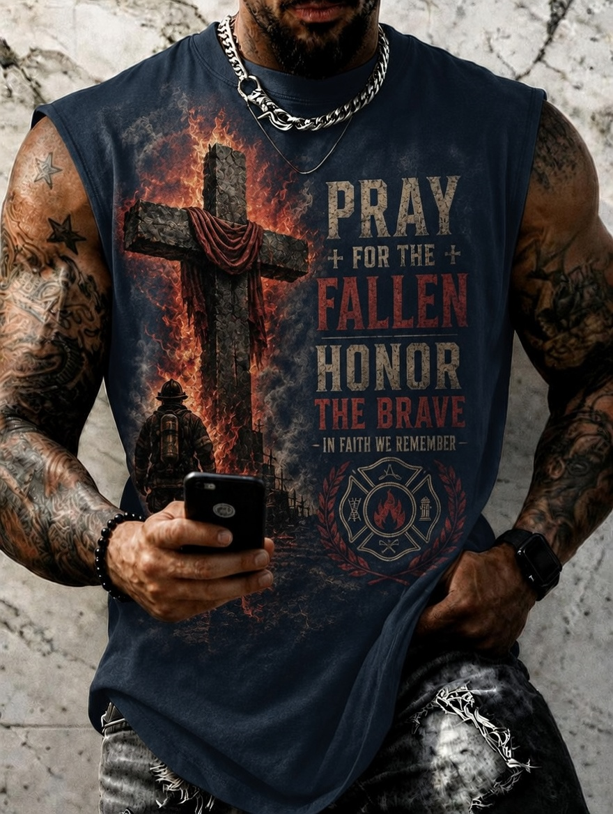 Men's Fire Cross Firefighter Honor The Brave Print Tank Top