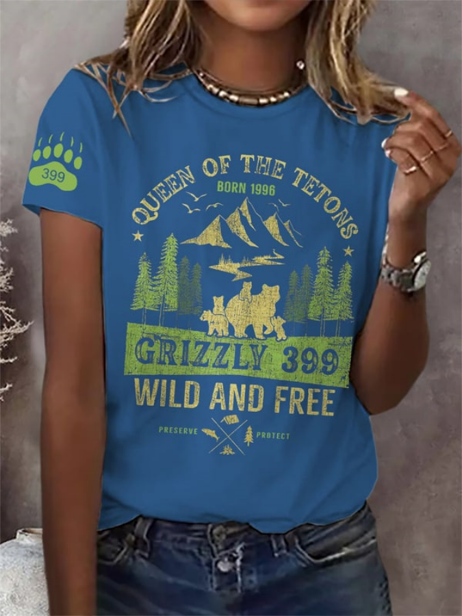 Retro Queen Of The Tetons Born 1996 Grizzly 399 Wild And Free Preserve Protect Print T-Shirt