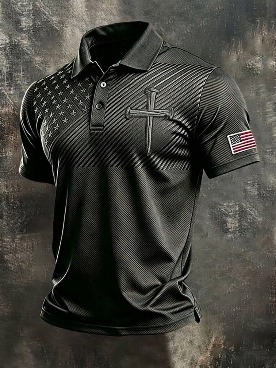 Men's Business American Flag Print Cross Art Polo Shirt