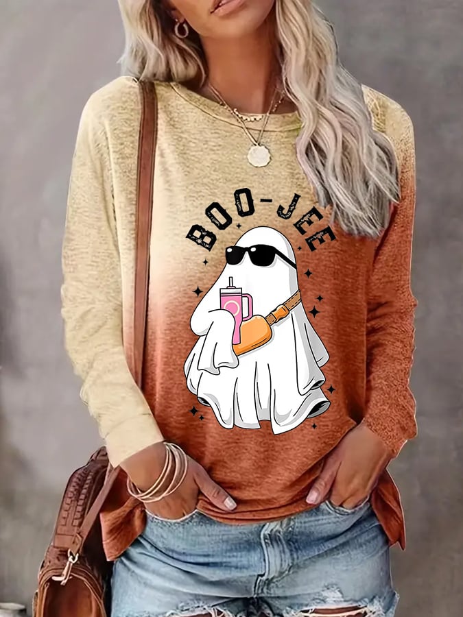 Women's Halloween Boo Jee Cute Ghost Gradient Print Long-Sleeve T-Shirt