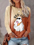 Women's Halloween Boo Jee Cute Ghost Gradient Print Long-Sleeve T-Shirt