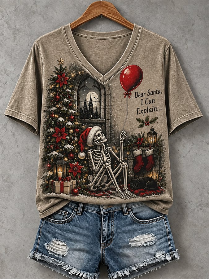 Women's Christmas "Dear Santa, I can explain" Pattern Comfortable V-neck Short Sleeve T-shirt
