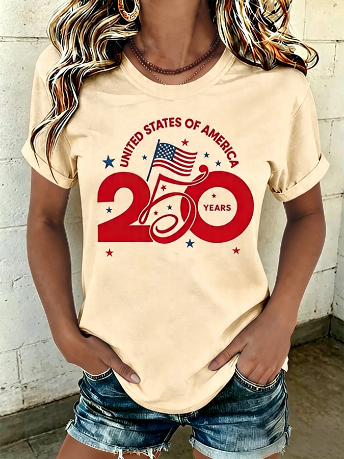 250 Years USA Independence Flag Graphic Casual Crew Neck T-Shirt