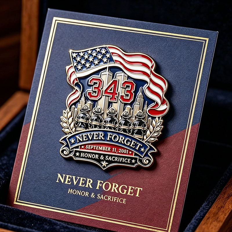 “Never Forget 343 – Honor & Sacrifice” 9.11.2001 FDNY Memorial Brooch Pin | United States Flag Firefighter Tribute Badge