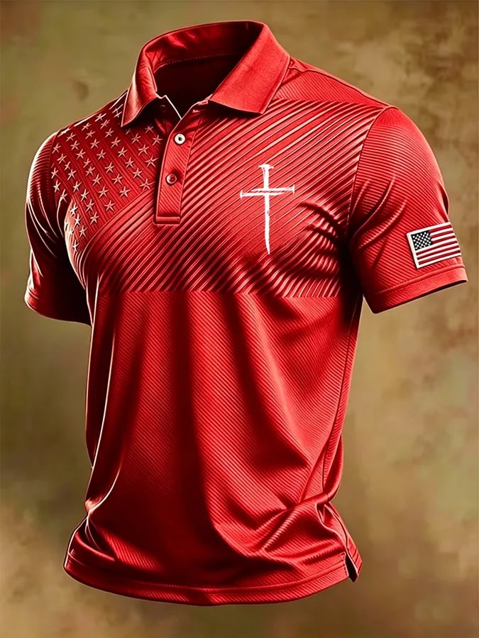 Men'S National Flag And Cross Print Casual Polo Shirt