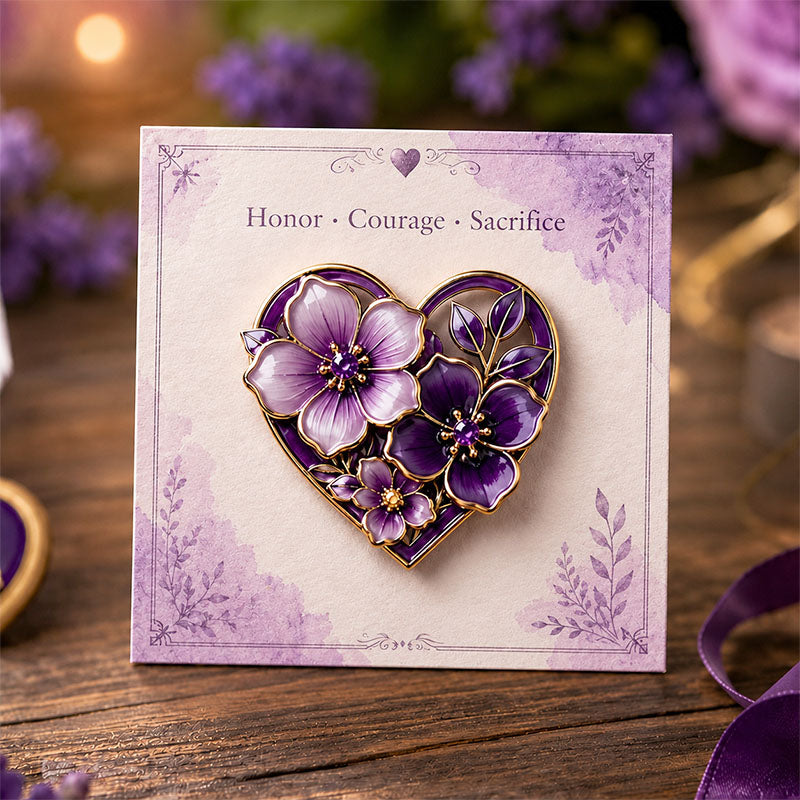 Honor Courage Sacrifice Purple Floral Heart Pin