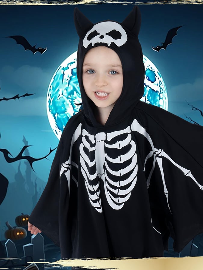 🔥HOT SALE🔥Boys and Girls Universal Bat Skull Luminous Halloween Hooded Cape
