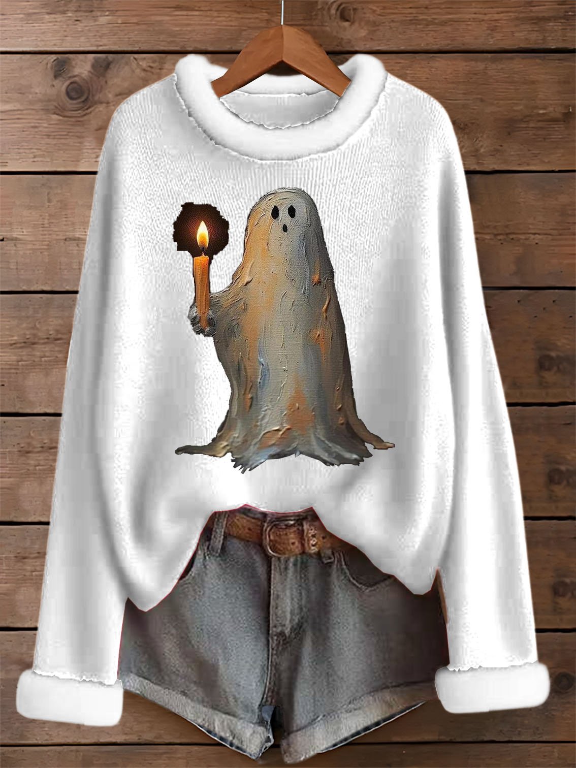 🔥HOT SALE🔥Women's Vintage Halloween Ghost Fur Collar Print Sweater