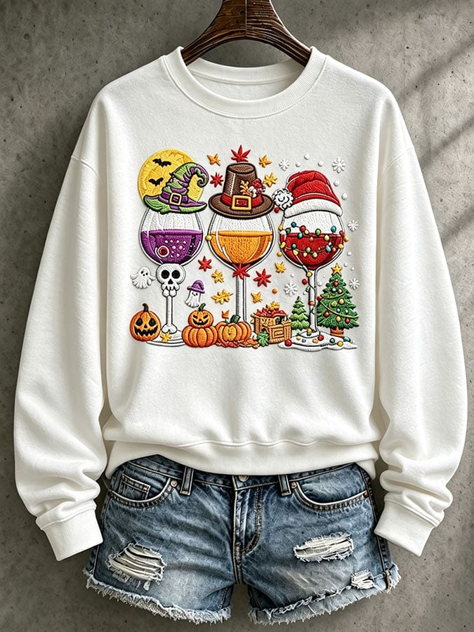 Women's Casual HalloThanksmas Printed Long-Sleeve Sweatshirt