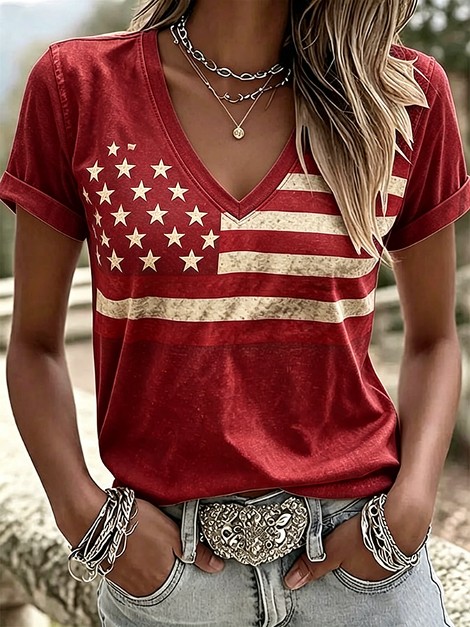 Women'S America Flag Print Casual V-Neck T-Shirt