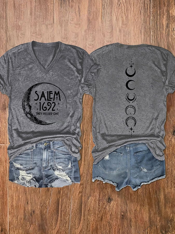 Women's Halloween Salem 1692 They Missed One Print V-Neck T-Shirt