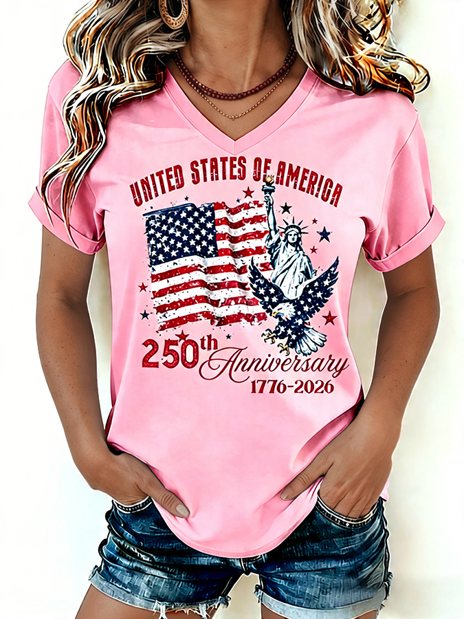 Women's 1776-2026 Statue of Liberty Anniversary Eagle Print V-neck T-shirt