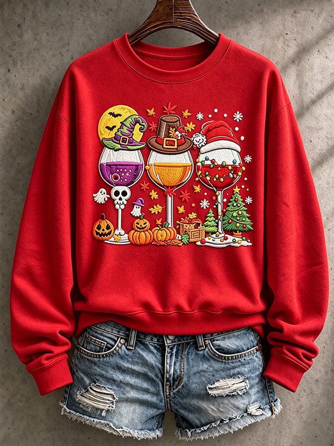 Women's Casual HalloThanksmas Printed Long-Sleeve Sweatshirt