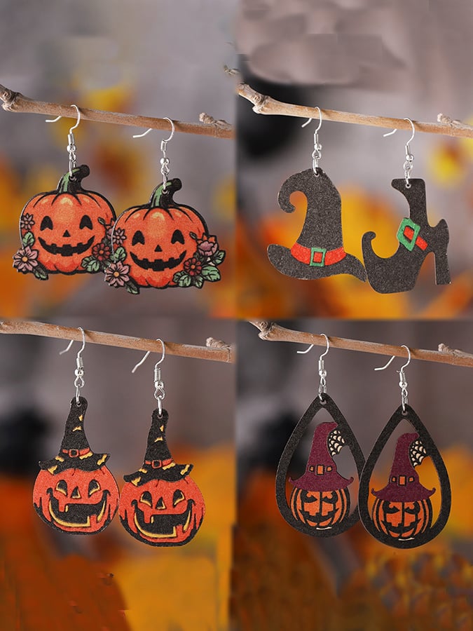 Halloween Gothic Ghost Face Pumpkin Witch Hat Pendant Wooden Double Sided Earrings