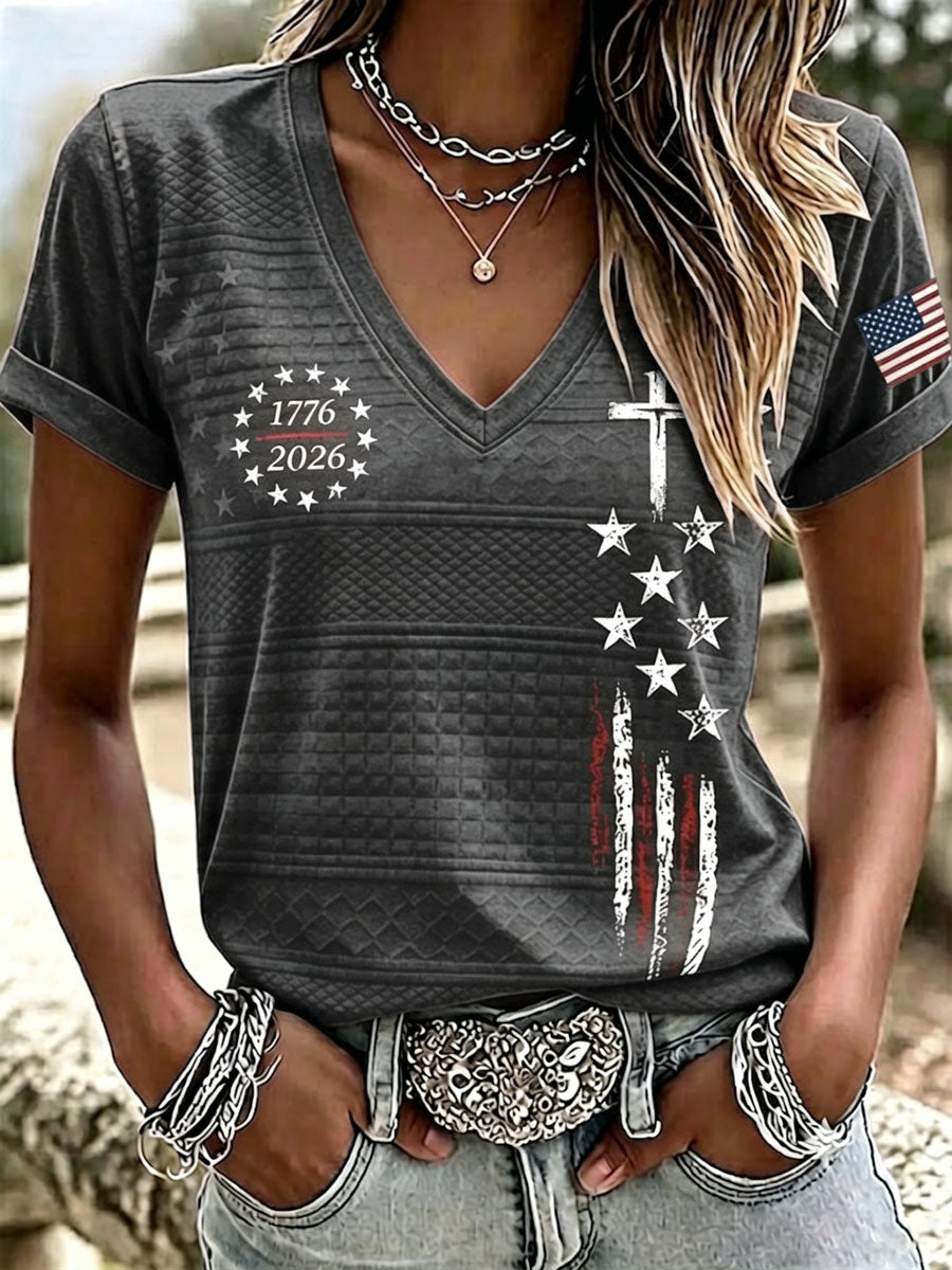 Women'S America Flag Print Casual V-Neck T-Shirt
