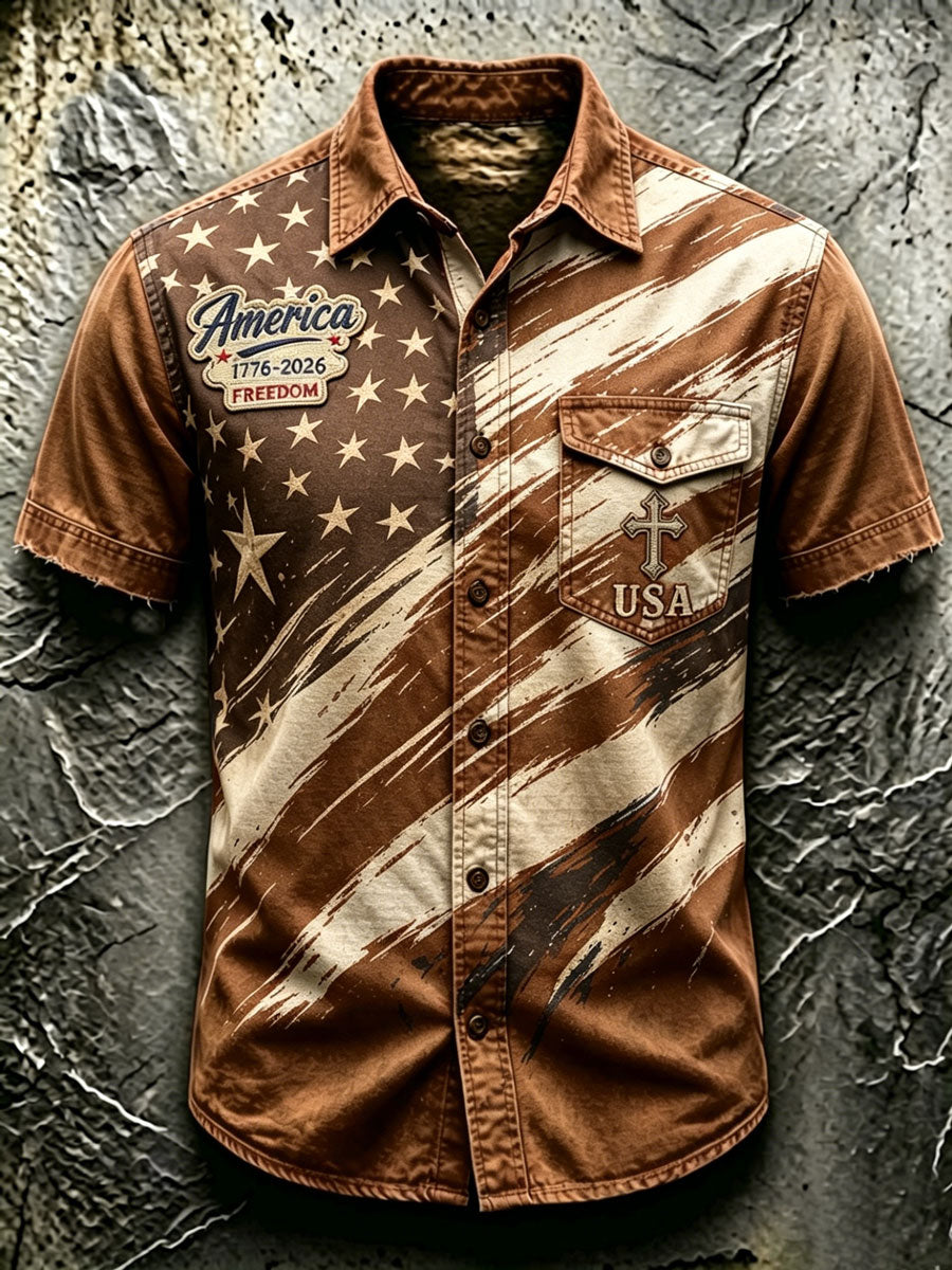 Men'S Retro Gradient Independence Day Faith Short Sleeved Shirt