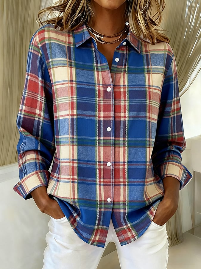 Women's Casual Retro Orange Plaid Cotton And Linen Shirt