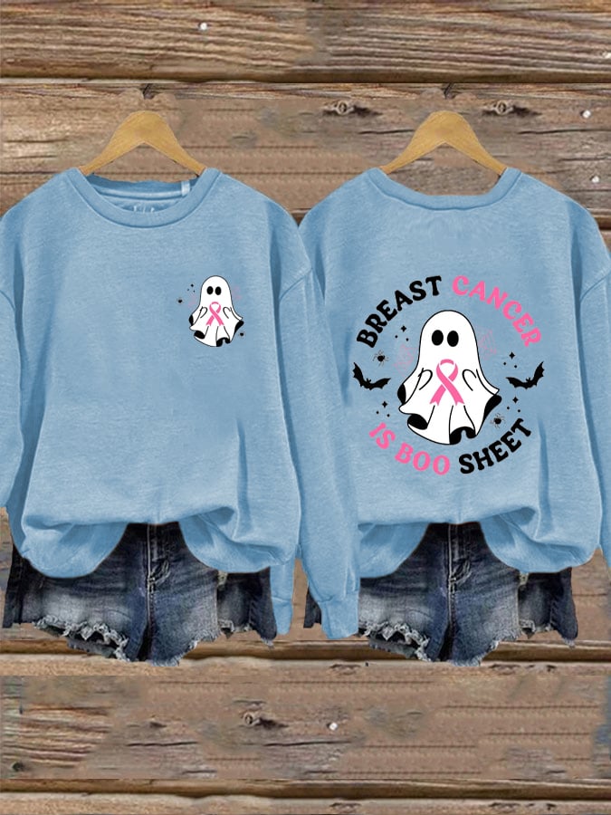Women's Breast Cancer Awareness Halloween Breast Cancer Is Boo Sheet Pink Ribbon Print Crew Neck Sweatshirt