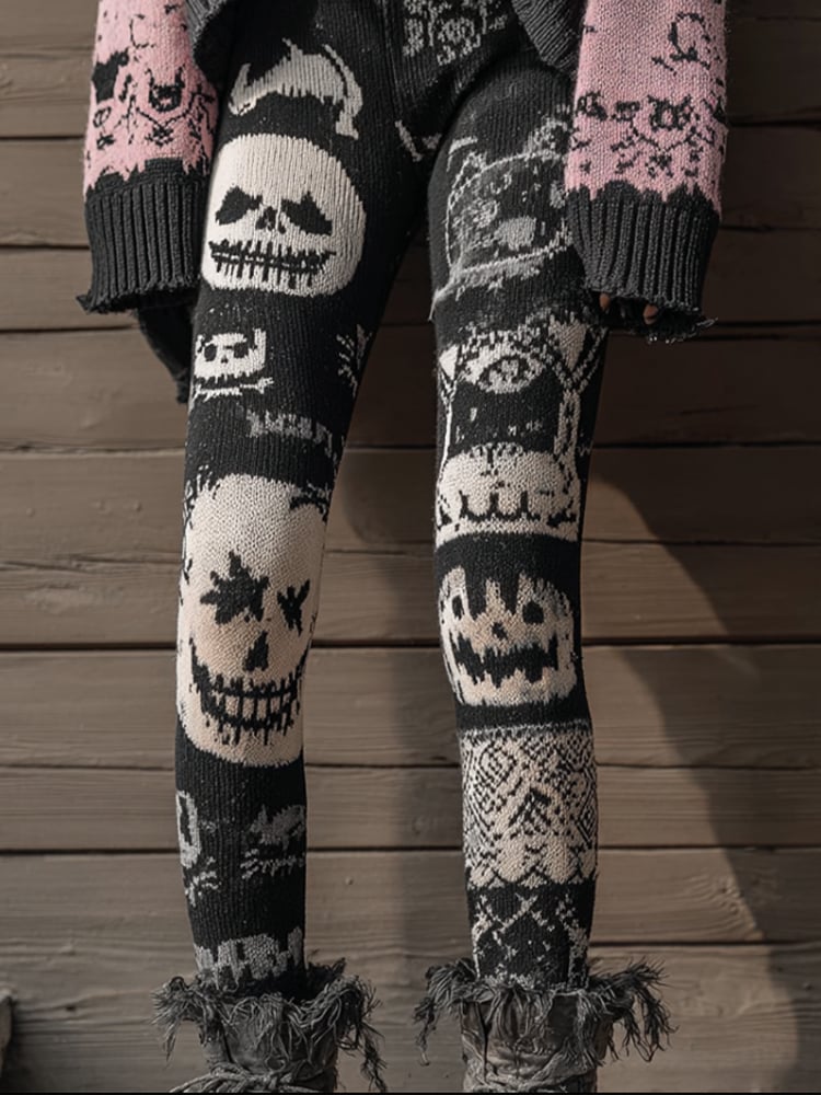 Women's Halloween Retro Patchwork Ghost Face Print Leggings