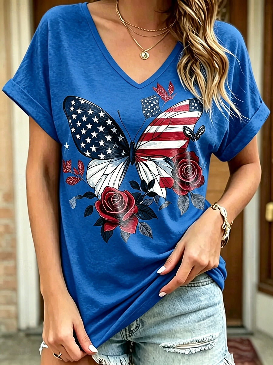 Women's Patriot Butterfly Flower Printed V-neck Short sleeved T-shirt