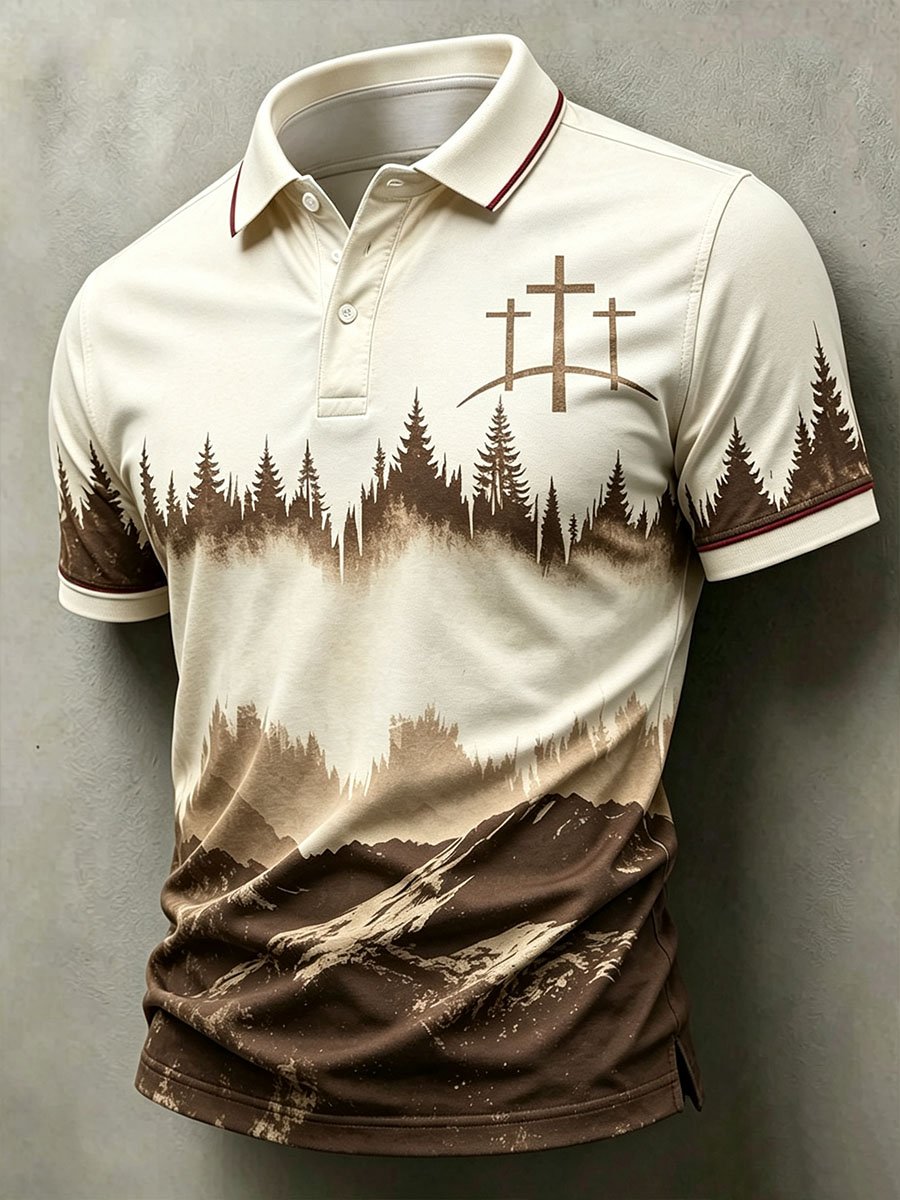 Men's Short-Sleeve Polo Shirt with Gradient Cross Pattern and Collar