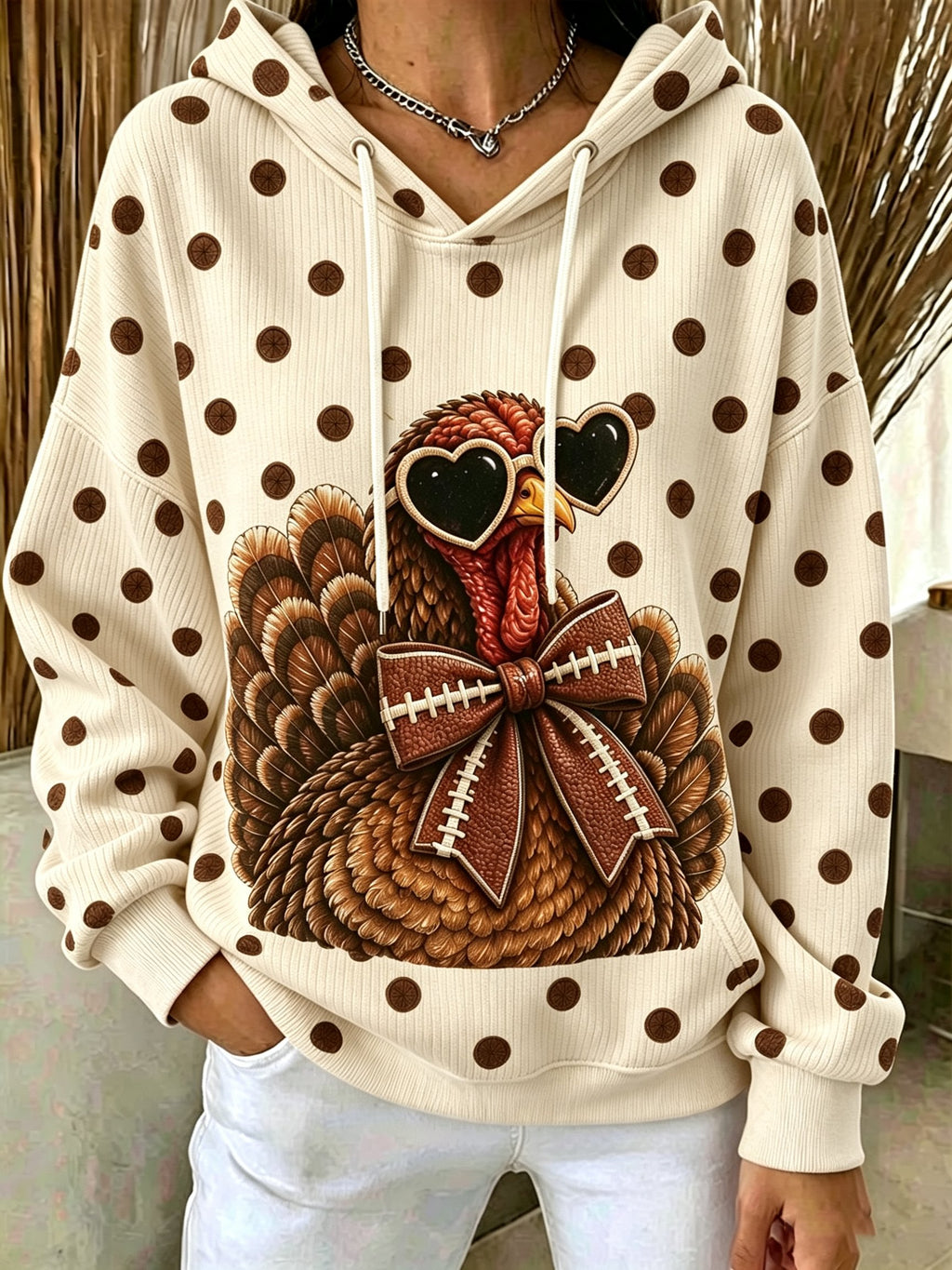 Women's Fun Turkey Football Print Hooded Knit Top