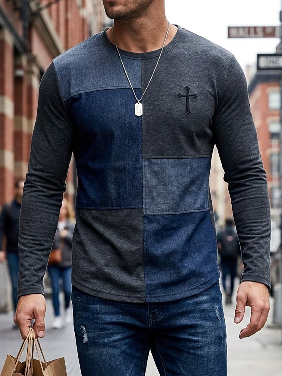 Men's Vintage Faith Patchwork Print Long-Sleeve T-Shirt