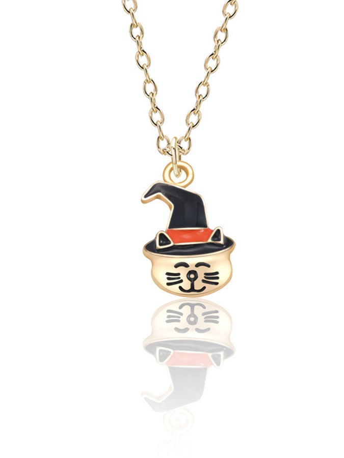 Halloween Pumpkin Hat Cat Head Necklace