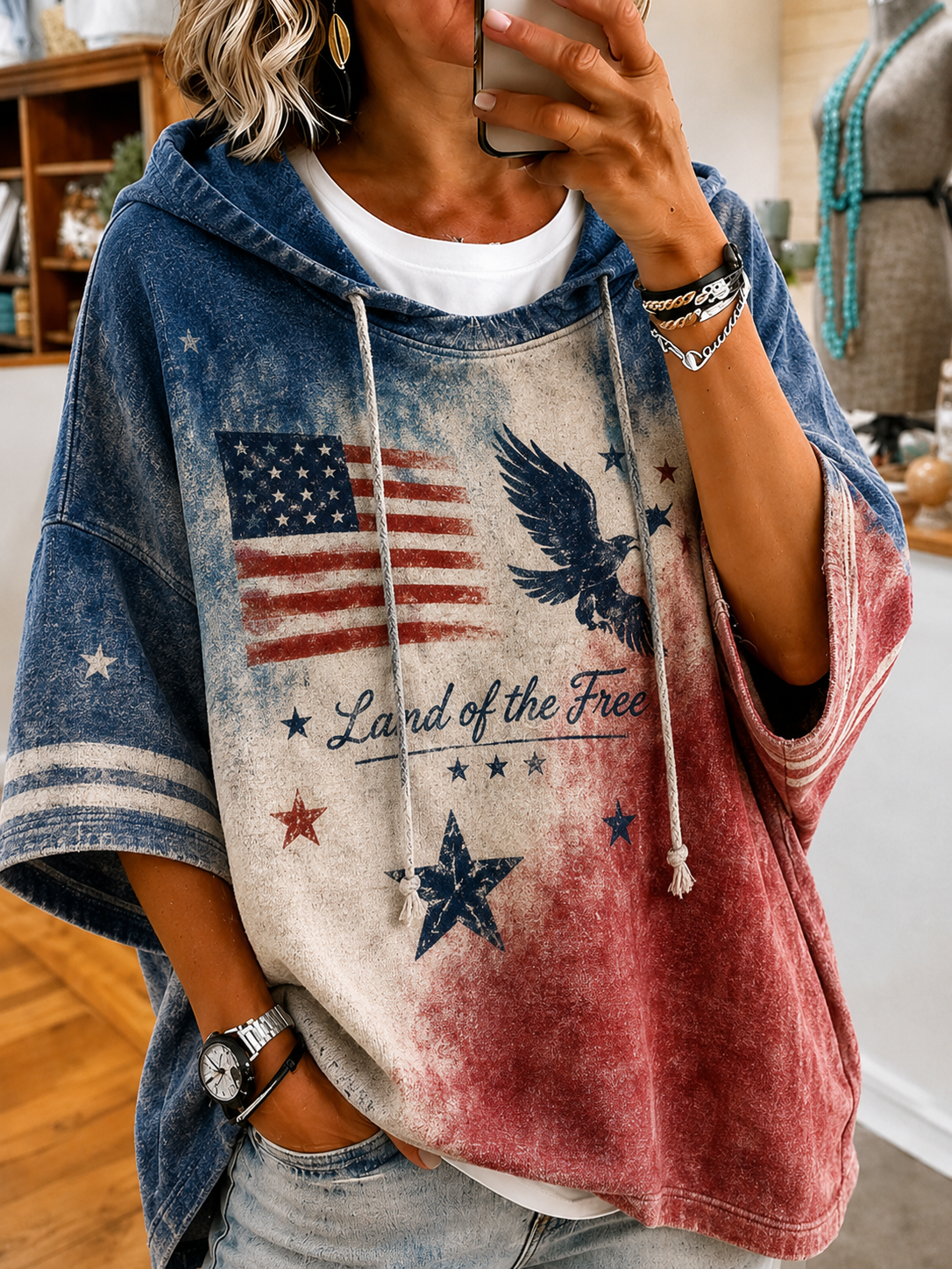 Women's Vintage Eagle USA Flag Land Of The Free Tie Dye Short Sleeve Loose Hoodie