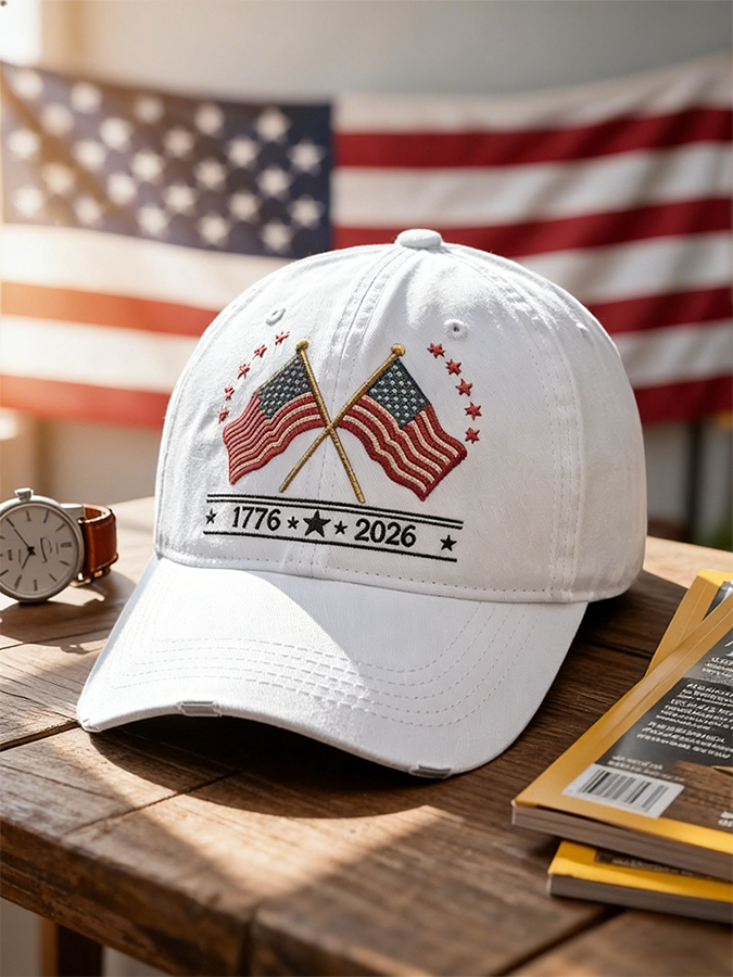Crossed American Flags 1776-2026 Washed Baseball Cap