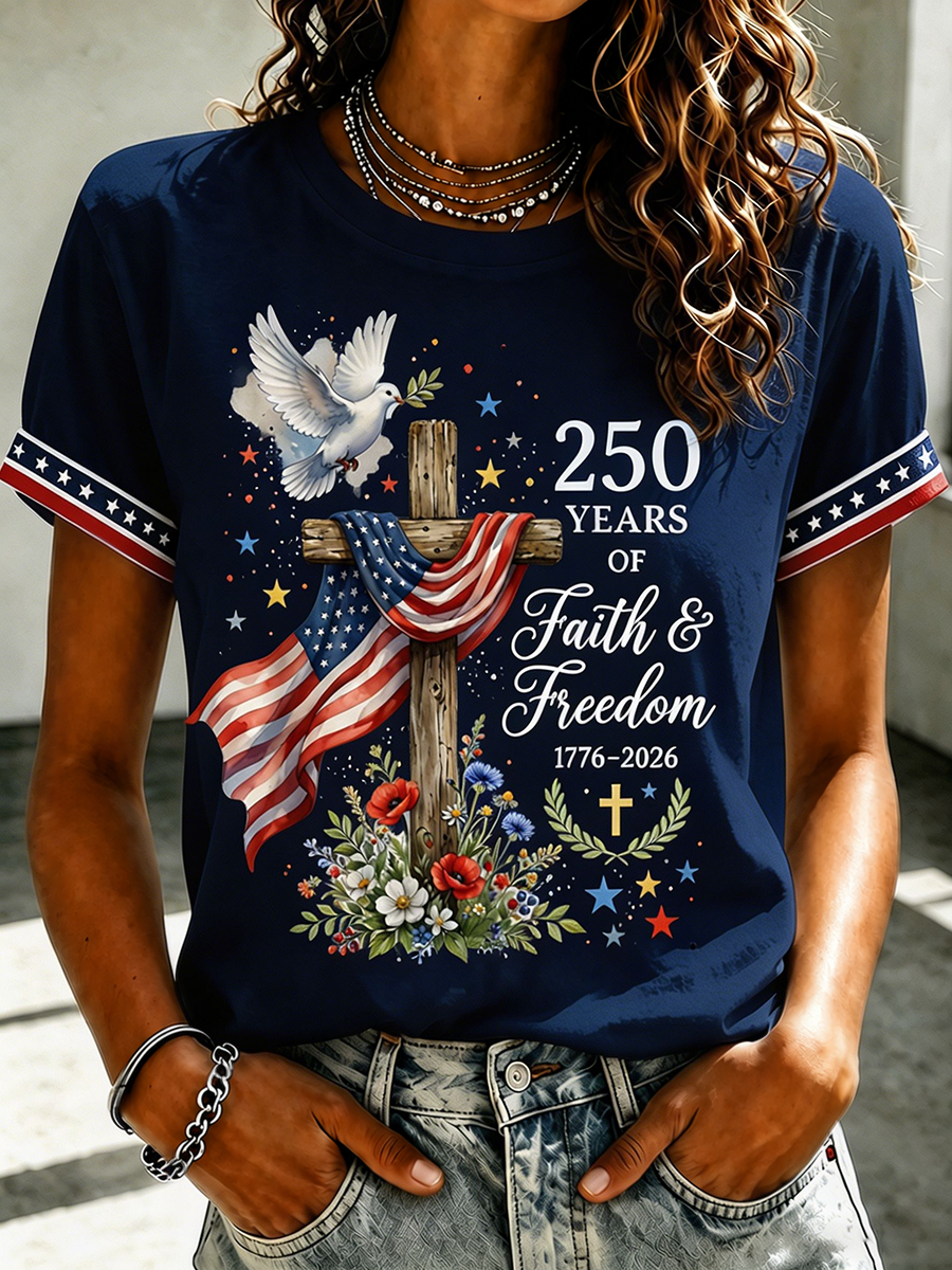 Women's 250 Years Faith & Freedom Dove Floral Cross Flag Print T-Shirt