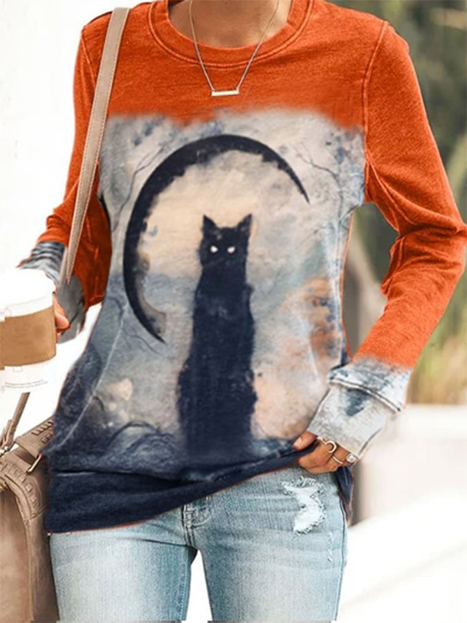 Halloween Vintage Cat Print Sweatshirt