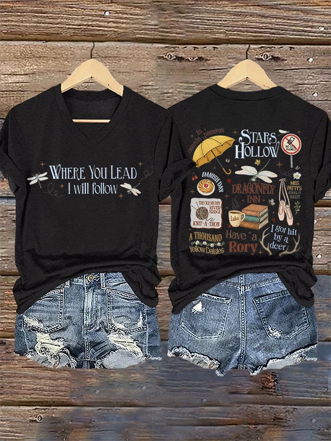 🔥HOT SALE🔥V-Neck Retro Stars Hollow Autumn Luke Diner Coffee Dragonfly Inn Where You Lead, I Will Follow Print T-Shirt