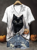 Women's Halloween Spooky Boos Black Cat Print V-Neck T-Shirt