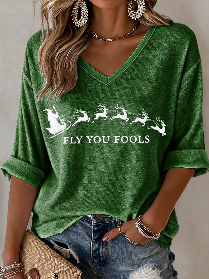 V-Neck Retro Funny Christmas Fly You Fools Reindeer Holiday Season Print T-Shirt