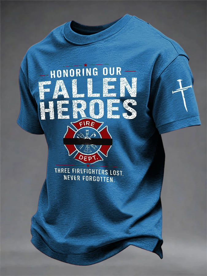 Men's Retro Honoring Our Fallen Heroes Three Firefighters Lost. Never Forgotten Print T-Shirt