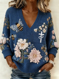 Women's winter floral print V-neck batwing sleeve top