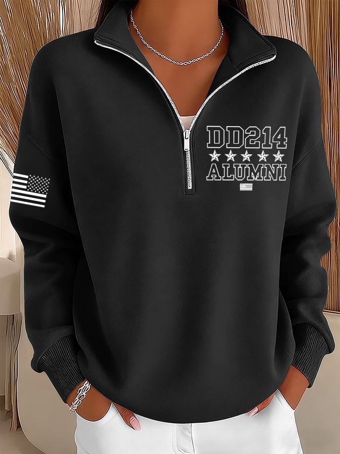 Women's Veterans Print Zip-Up Stand Collar Sweatshirt