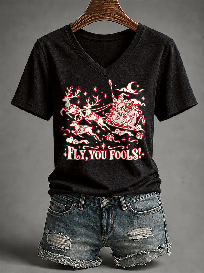 V-Neck Retro Funny Christmas Fly You Fools Reindeer Holiday Season Print T-Shirt
